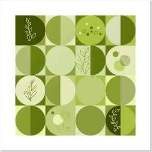 repeating geometry pattern, squares and circles, ornaments, green color tones Posters and Art